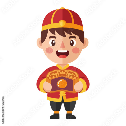 Character holding mooncake, celebrating Mid-Autumn Festival. Vector flat design cartoon. AI generated images. 