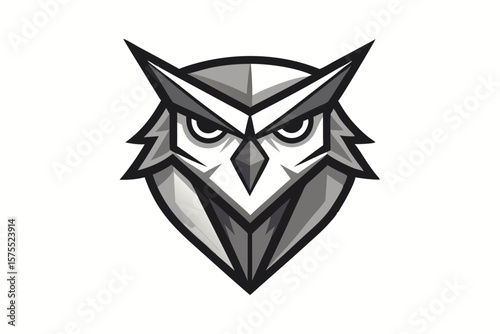 Geometric owl with sharp features and intense gaze presented in monochrome palette
