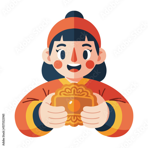 Character holding mooncake, celebrating Mid-Autumn Festival. Vector flat design cartoon. AI generated images. 