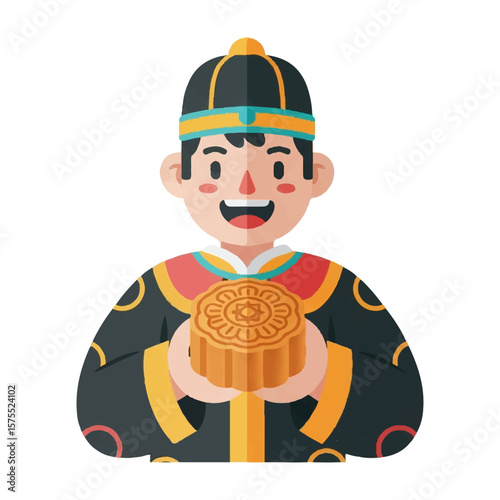 Character holding mooncake, celebrating Mid-Autumn Festival. Vector flat design cartoon. AI generated images. 