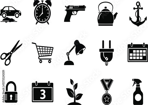 A collection of various black and white icons including tools, objects, and symbols spread out