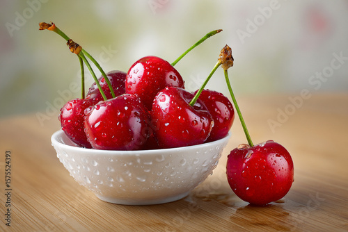 Juicy cherries glisten with water droplets in a white bowl on a wooden table, creating a vibrant indoor setting