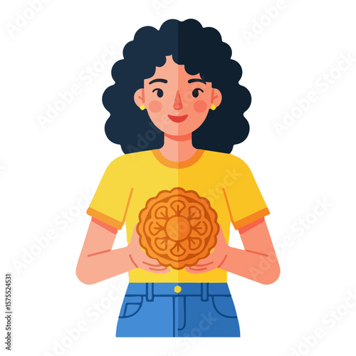 Character holding mooncake, celebrating Mid-Autumn Festival. Vector flat design cartoon. AI generated images. 