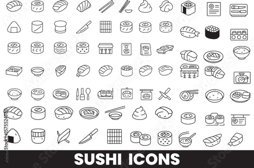 Collection of Sushi, Sashimi, and Japanese Restaurant Outline Icons