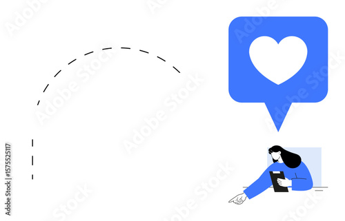 Woman using tablet with a heart icon in a blue chat bubble, representing social interaction, feedback, and connection. Ideal for communication, social media, positivity, feedback, user experience