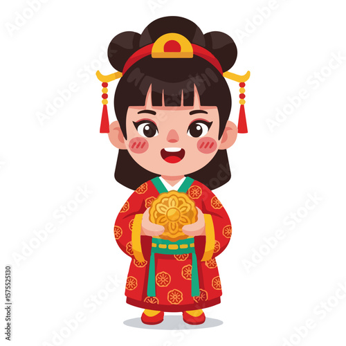 Character holding mooncake, celebrating Mid-Autumn Festival. Vector flat design cartoon. AI generated images. 