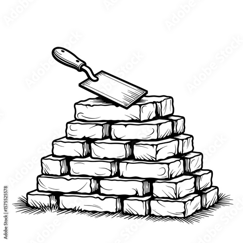 Pile of bricks with trowel, cute hand-drawn coloring book page for kids
