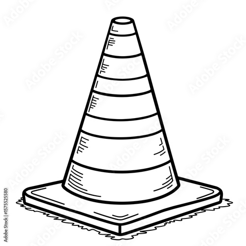 Abstract traffic cone with reflective stripes, kids coloring book design