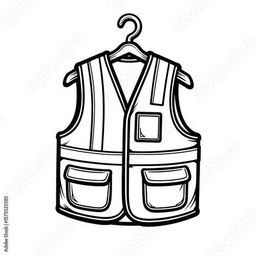 Safety vest on hook black and white illustration, kids coloring book design