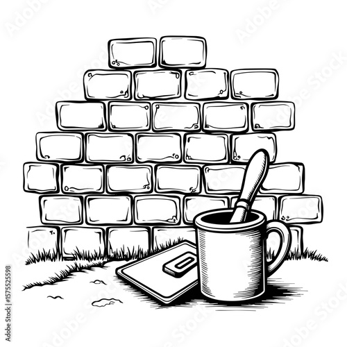 Brick wall with trowel and mortar, black and white coloring design for kids
