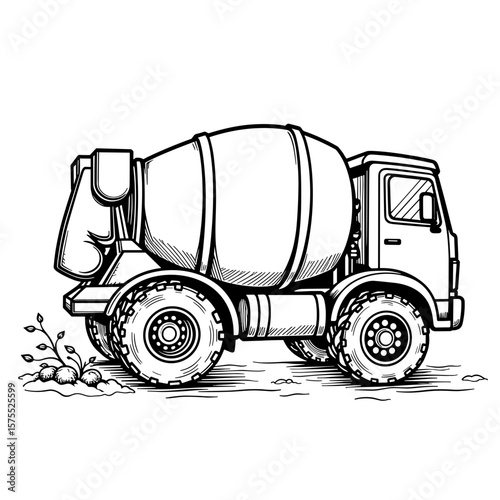Cement mixer truck for kids coloring, hand-drawn black and white illustration