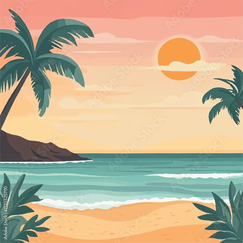Premium Summer Beach Background with Clear Sky and Gentle Waves - High-Quality Tropical Beach Illustration with Palm Trees and Sunlight - Elegant Sunset Beach Scene