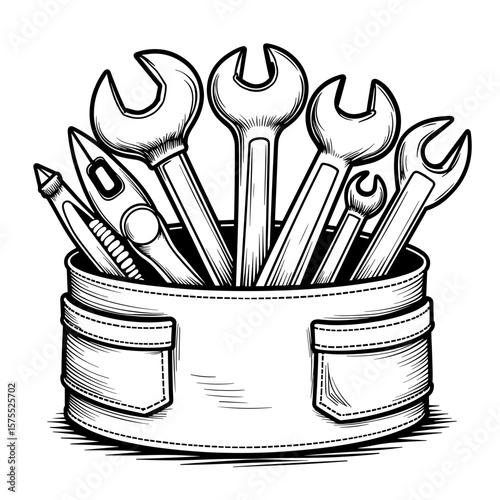 Tool belt with essential tools, cute hand-drawn coloring book style for kids