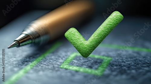 Checklist with green tick mark box icon for completed tasks, productivity, quality control, and to-do list concept