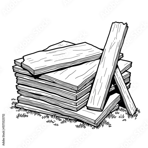 Stacked plywood sheets near sawhorses, kids' coloring book design