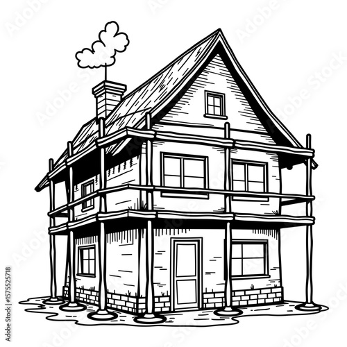 Abstract steel scaffolding around house outline, kids coloring book illustration