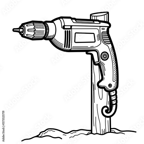 Heavy-duty drill on wooden post, kids coloring book illustration