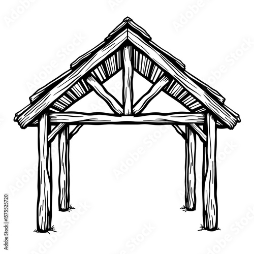 Wooden Roof Trusses Illustration – Kids Coloring Book, Black and White Line Art