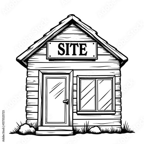 Abstract construction site office with sign, kids' coloring book design