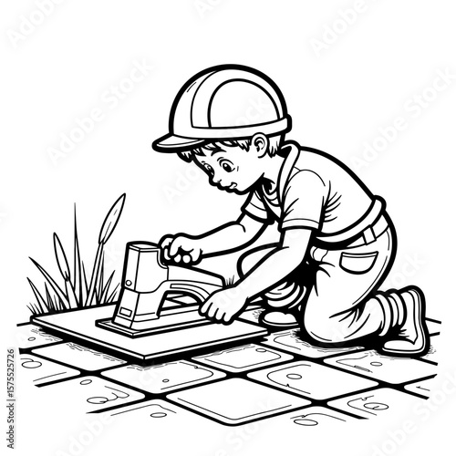 Child using manual tile cutter on ground - educational coloring book page