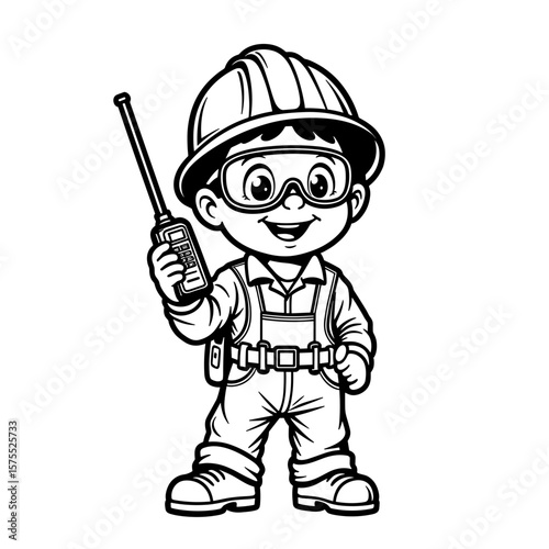 Cartoon Worker with Walkie-Talkie and Safety Goggles, Kids Coloring Page