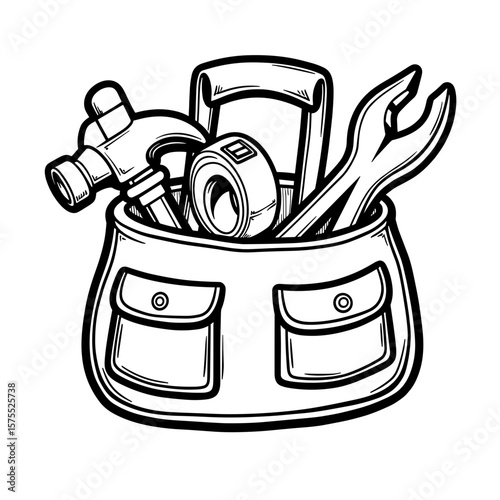 Tool Belt with Hammer, Tape, Pliers in Hand-Drawn Style, Kids Coloring Book