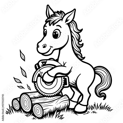 Cartoon Pony with Circular Saw Cutting Wood, Kids Coloring Book Design
