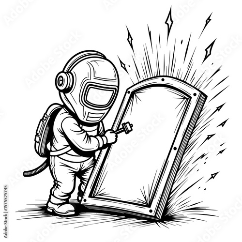 Cute welder character with shield, kids coloring book illustration