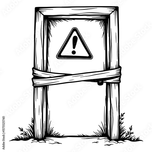 Taped-off doorway with warning sign, black and white kids coloring page