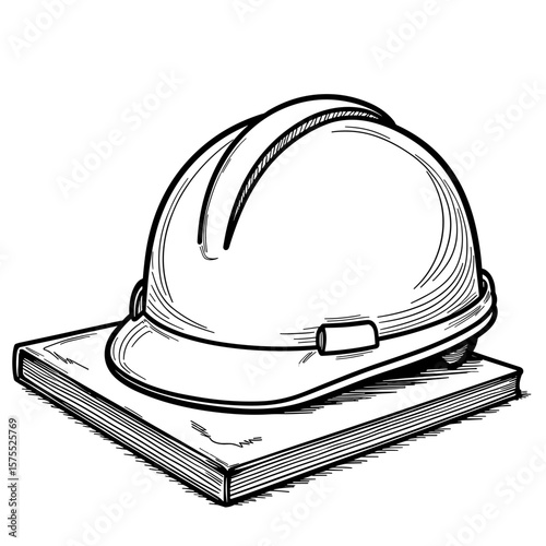 Architect Helmet on Drawing Table Sketch, Kids Coloring Page Design