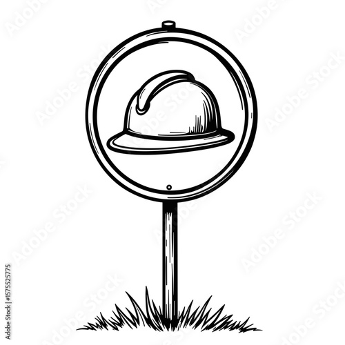 Hard Hat Safety Sign Black and White, Kids Coloring Page Design