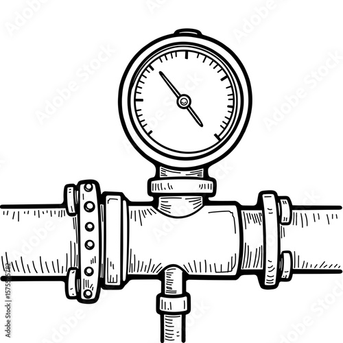 Abstract pressure gauge on industrial pipeline, kids coloring book design