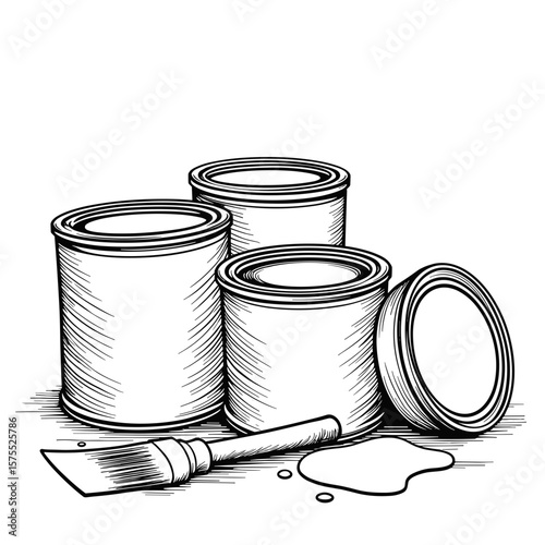Empty paint cans with spilling paint, kids coloring book illustration
