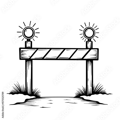 Worksite barrier with blinking lights, cute hand-drawn coloring book design