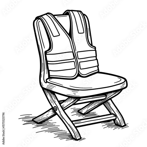 High-visibility vest on site chair, hand-drawn kids coloring book design