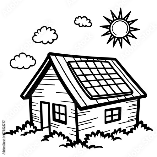 Rooftop solar panel on house, kids coloring book design