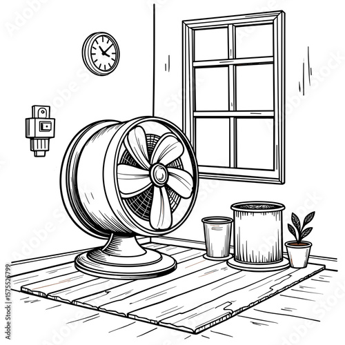 Industrial fan drying flooring, cute hand-drawn coloring page for kids