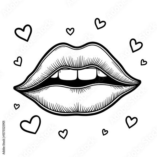 Abstract Lips with Floating Hearts, Cute Coloring Book Design for Kids