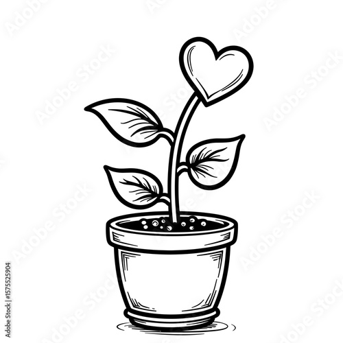 Heart-shaped plant in pot line art, kids coloring activity