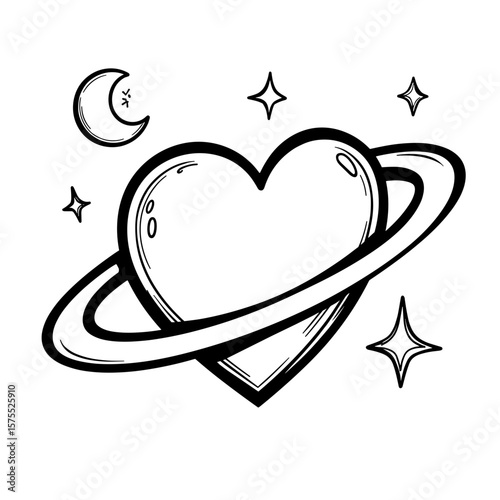 Heart-shaped planet with orbiting moon – Cute hand-drawn coloring design for kids