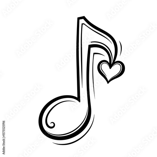 Music Note with Heart Symbol in Black and White, Cute Kids Coloring Design