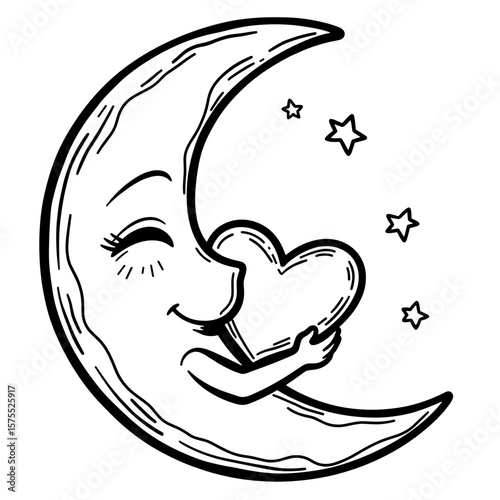 Crescent moon hugging heart, cute coloring book for kids, white background