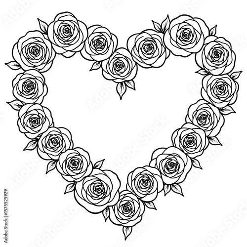 Heart of Roses Outline, Cute Coloring Book Design, Romantic Valentine's Day