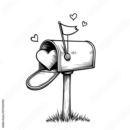 Mailbox with raised flag and heart letter, cute coloring book for kids