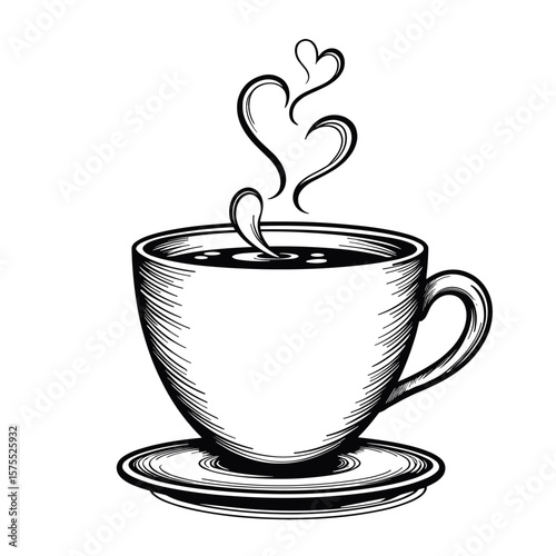 Cup of tea with heart-shaped steam – adorable hand-drawn coloring page for kids