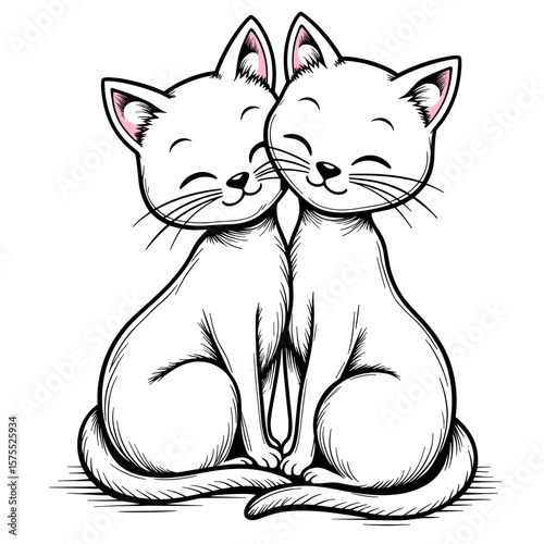 Two cats curled together in heart shape, cute coloring book page for kids