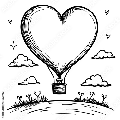 Heart-shaped hot air balloon at sunrise, kids coloring book design