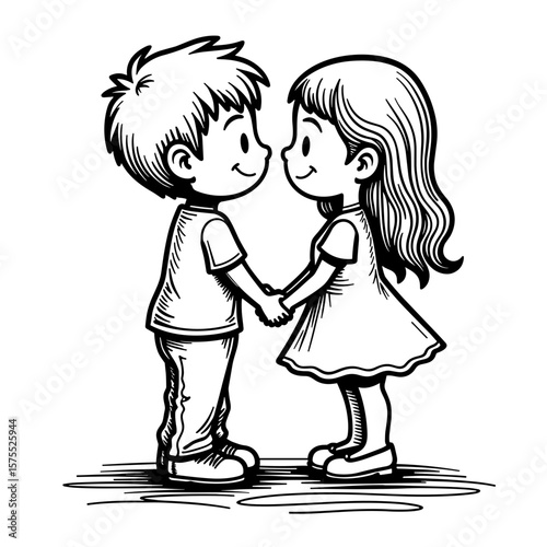 Cute children holding hands, adorable kids coloring book line art, black and white