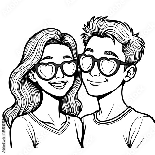 Heart-shaped glasses reflecting smiling couple, adorable hand-drawn coloring book design