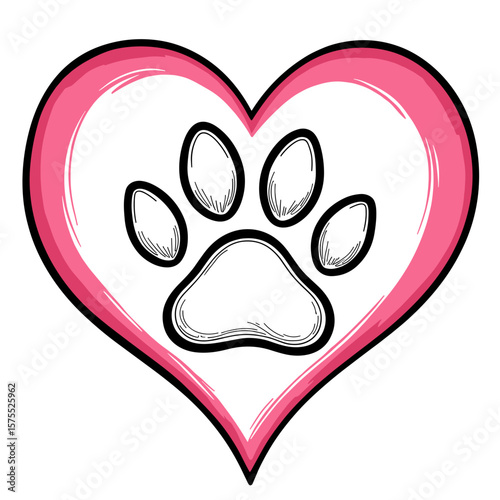 Dog paw print inside pink heart, cute kids coloring design